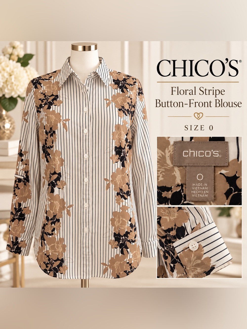 NWOT Chico’s Floral Stripe Button Front Blouse Size 0/S/4 Tan Black Cream